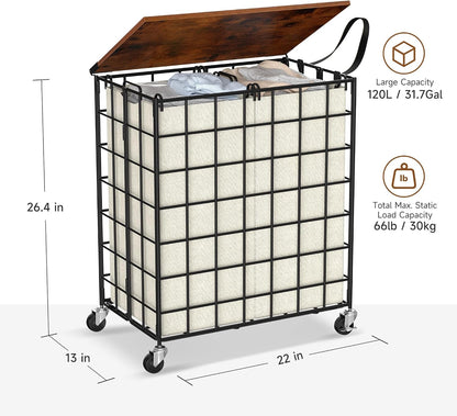 90L Laundry Basket with Wheels, Large Capacity Laundry Hamper with Removable Liner Bags, Heavy Duty Laundry Sorter with Solid Wood Lid & Leather Handles, Beige