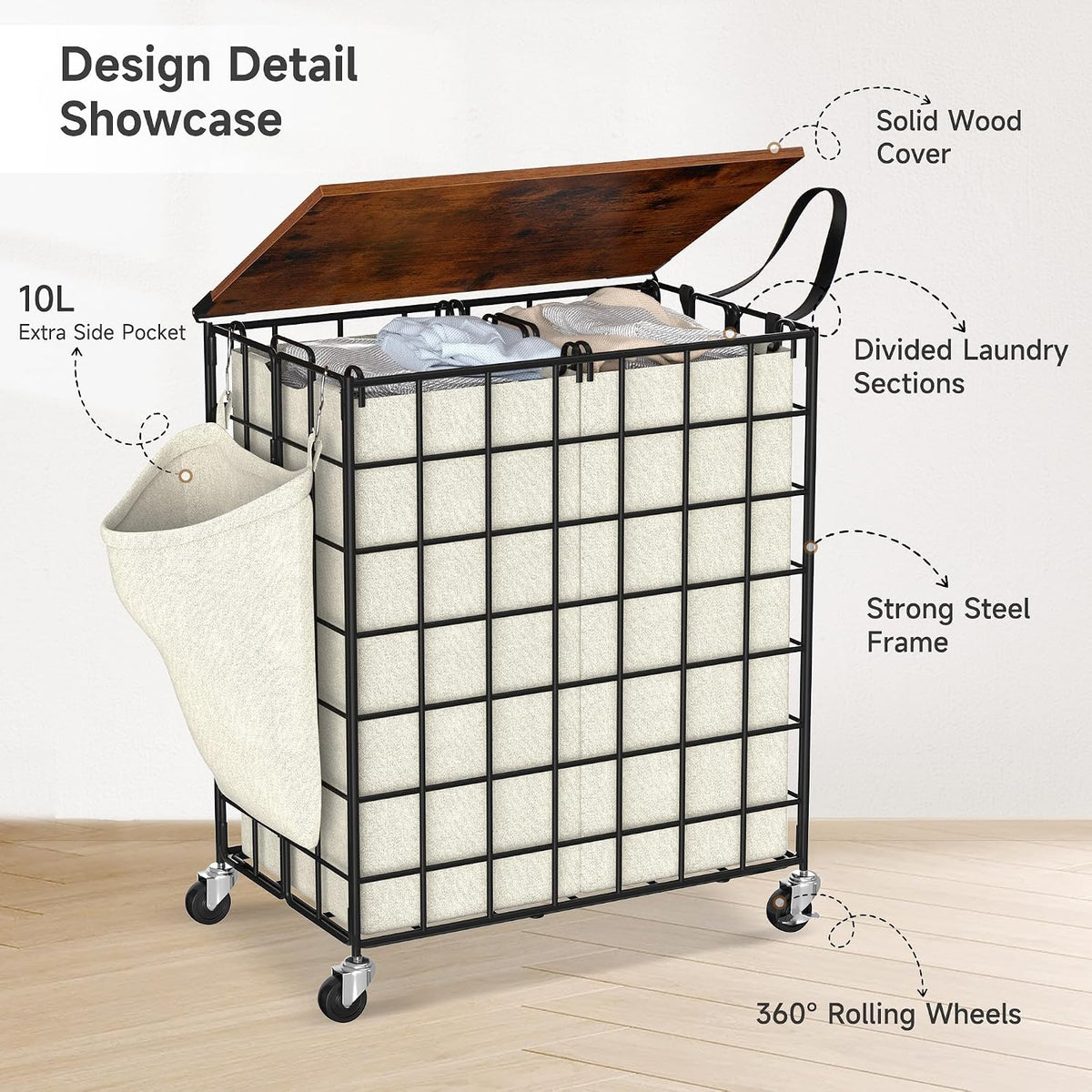 90L Laundry Basket with Wheels, Large Capacity Laundry Hamper with Removable Liner Bags, Heavy Duty Laundry Sorter with Solid Wood Lid & Leather Handles, Beige