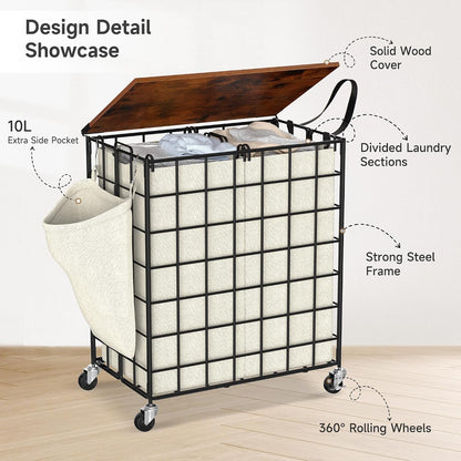 90L Laundry Basket with Wheels, Large Capacity Laundry Hamper with Removable Liner Bags, Heavy Duty Laundry Sorter with Solid Wood Lid & Leather Handles, Beige