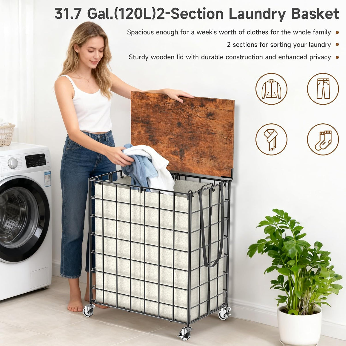 90L Laundry Basket with Wheels, Large Capacity Laundry Hamper with Removable Liner Bags, Heavy Duty Laundry Sorter with Solid Wood Lid & Leather Handles, Beige
