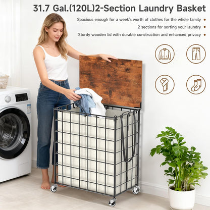 90L Laundry Basket with Wheels, Large Capacity Laundry Hamper with Removable Liner Bags, Heavy Duty Laundry Sorter with Solid Wood Lid & Leather Handles, Beige