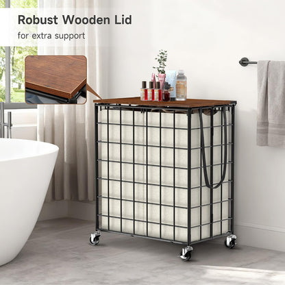 90L Laundry Basket with Wheels, Large Capacity Laundry Hamper with Removable Liner Bags, Heavy Duty Laundry Sorter with Solid Wood Lid & Leather Handles, Beige