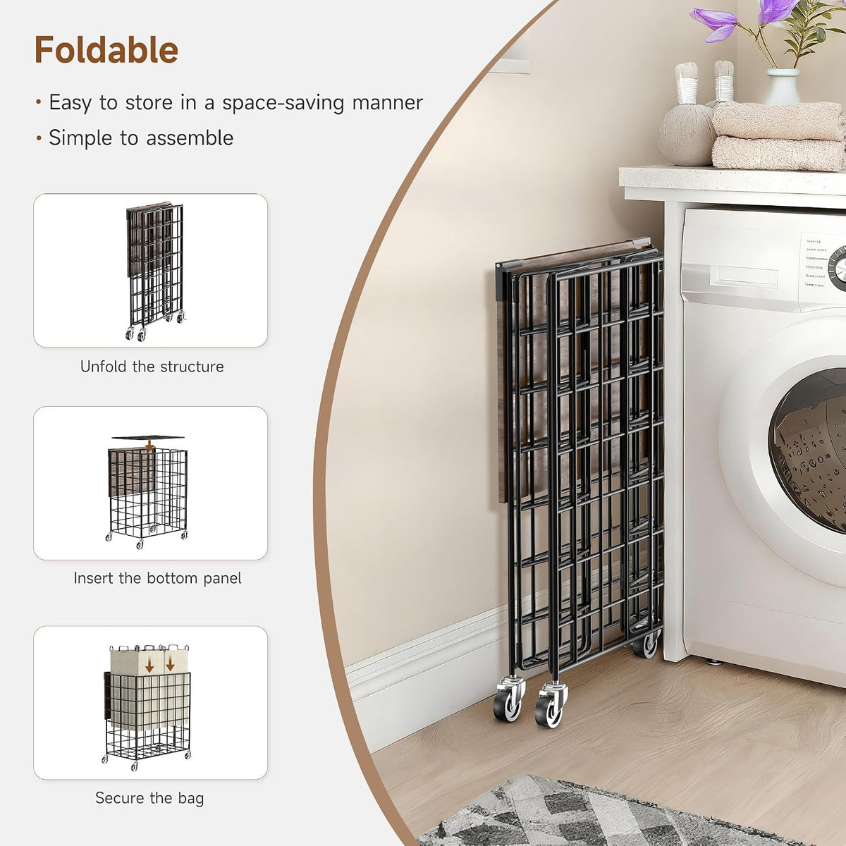 90L Laundry Basket with Wheels, Large Capacity Laundry Hamper with Removable Liner Bags, Heavy Duty Laundry Sorter with Solid Wood Lid & Leather Handles, Beige