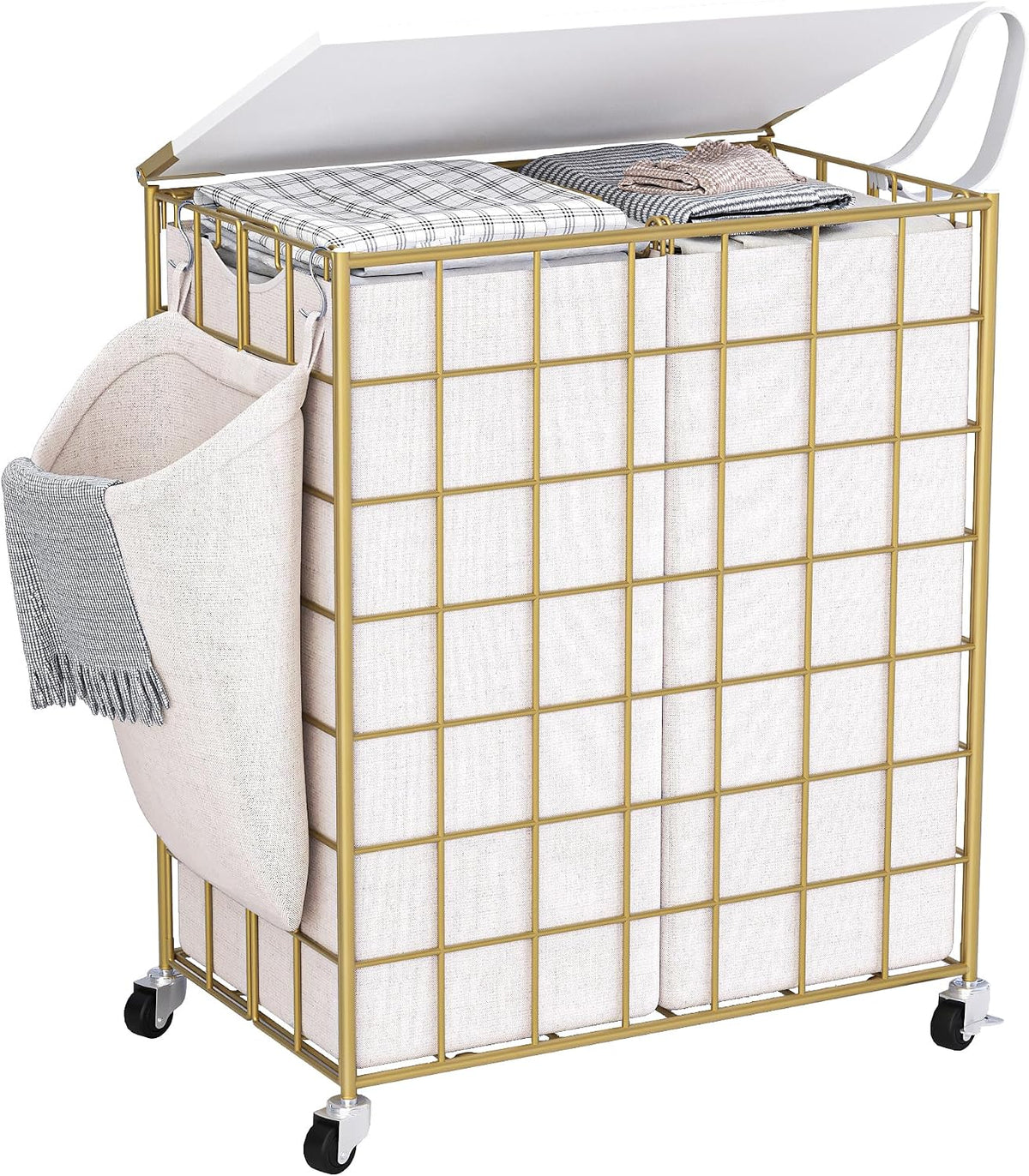 90L Laundry Basket with Wheels, Large Capacity Laundry Hamper with Removable Liner Bags, Heavy Duty Laundry Sorter with Solid Wood Lid & Leather Handles, Beige