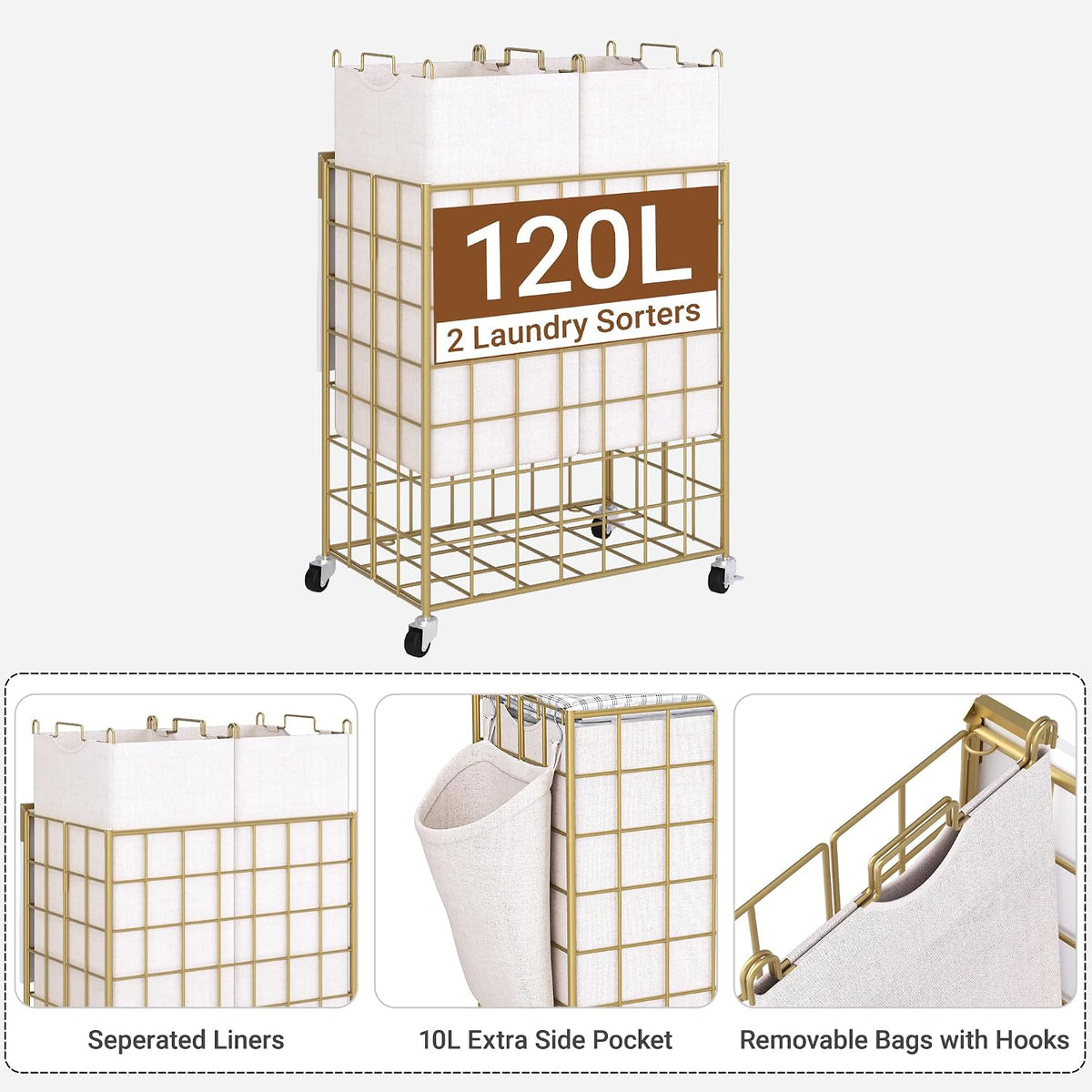 90L Laundry Basket with Wheels, Large Capacity Laundry Hamper with Removable Liner Bags, Heavy Duty Laundry Sorter with Solid Wood Lid & Leather Handles, Beige