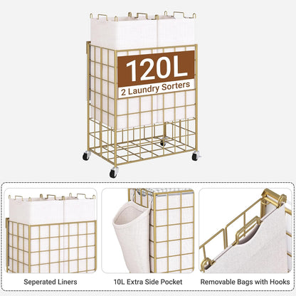 90L Laundry Basket with Wheels, Large Capacity Laundry Hamper with Removable Liner Bags, Heavy Duty Laundry Sorter with Solid Wood Lid & Leather Handles, Beige