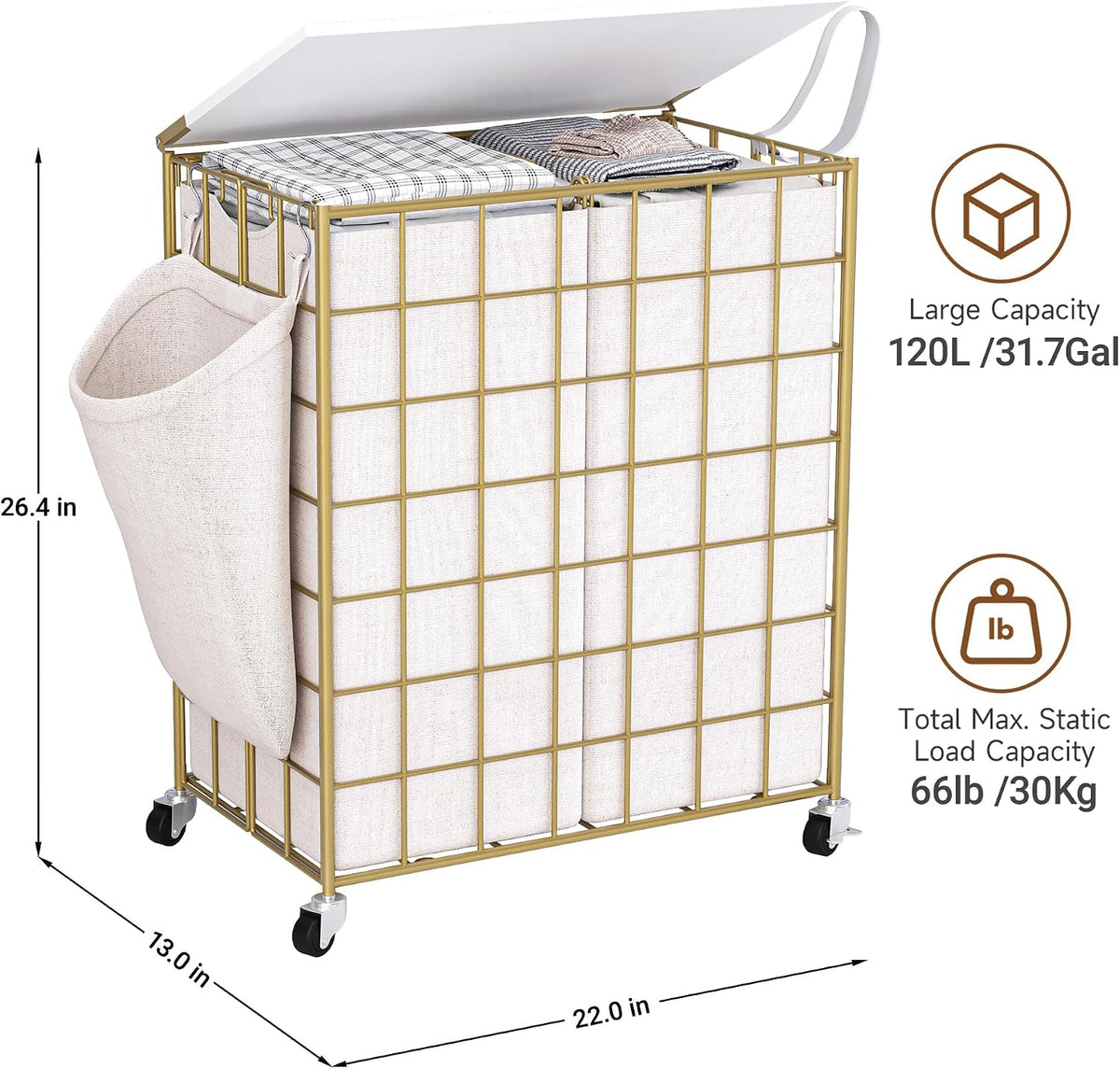 90L Laundry Basket with Wheels, Large Capacity Laundry Hamper with Removable Liner Bags, Heavy Duty Laundry Sorter with Solid Wood Lid & Leather Handles, Beige