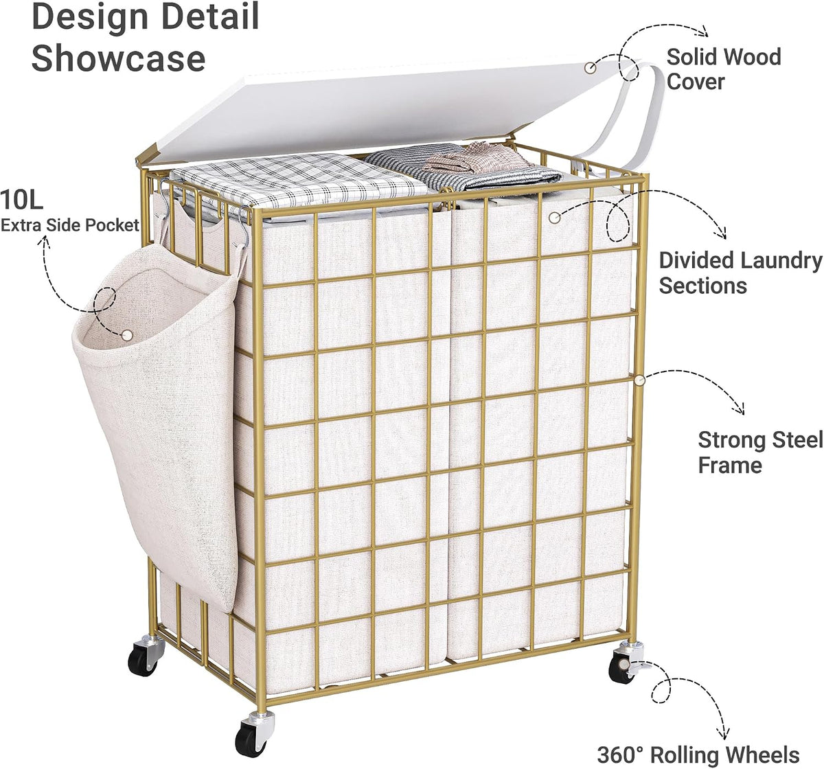90L Laundry Basket with Wheels, Large Capacity Laundry Hamper with Removable Liner Bags, Heavy Duty Laundry Sorter with Solid Wood Lid & Leather Handles, Beige