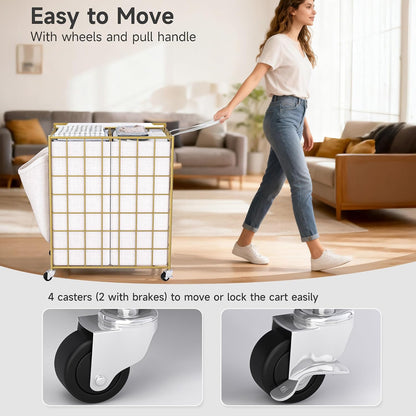 90L Laundry Basket with Wheels, Large Capacity Laundry Hamper with Removable Liner Bags, Heavy Duty Laundry Sorter with Solid Wood Lid & Leather Handles, Beige