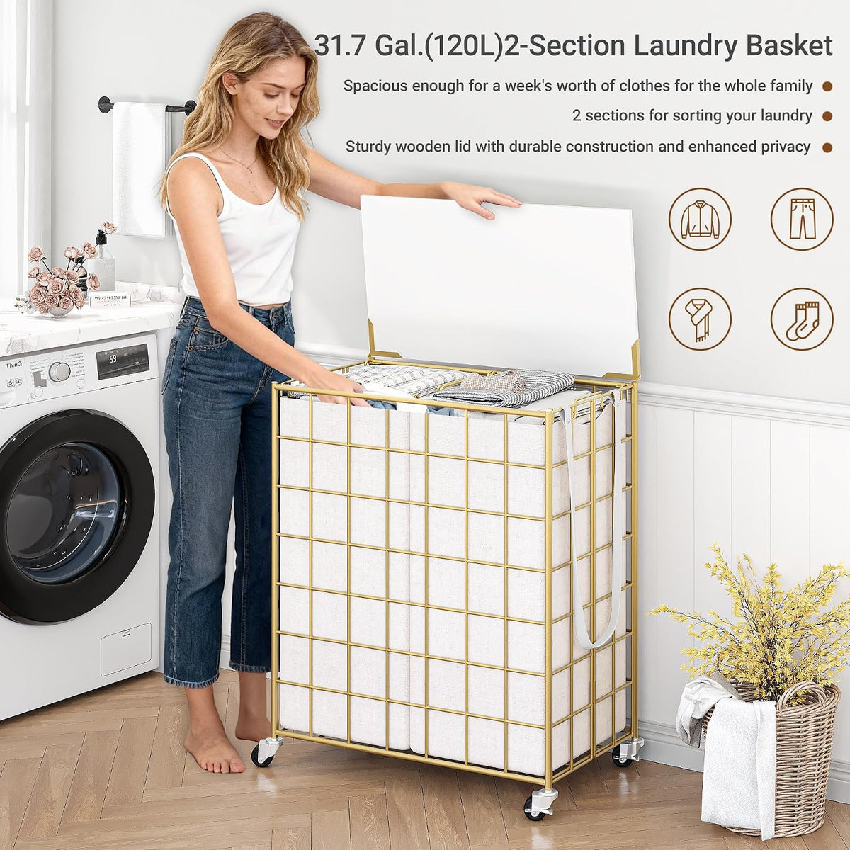 90L Laundry Basket with Wheels, Large Capacity Laundry Hamper with Removable Liner Bags, Heavy Duty Laundry Sorter with Solid Wood Lid & Leather Handles, Beige