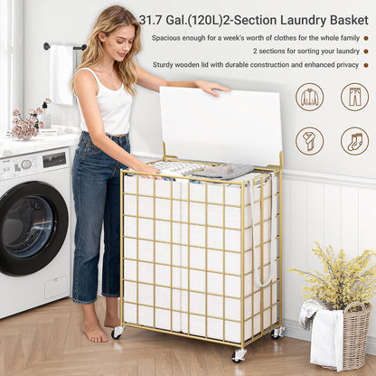 90L Laundry Basket with Wheels, Large Capacity Laundry Hamper with Removable Liner Bags, Heavy Duty Laundry Sorter with Solid Wood Lid & Leather Handles, Beige