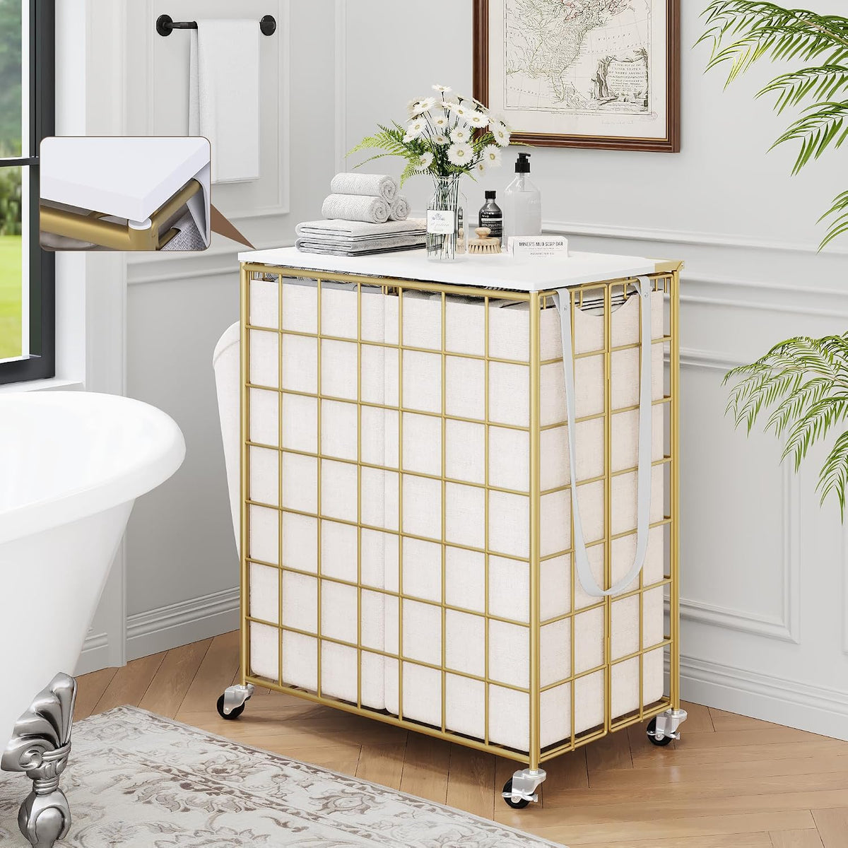 90L Laundry Basket with Wheels, Large Capacity Laundry Hamper with Removable Liner Bags, Heavy Duty Laundry Sorter with Solid Wood Lid & Leather Handles, Beige