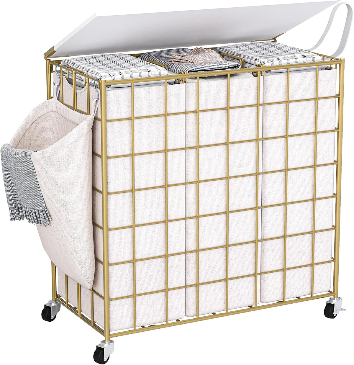 90L Laundry Basket with Wheels, Large Capacity Laundry Hamper with Removable Liner Bags, Heavy Duty Laundry Sorter with Solid Wood Lid & Leather Handles, Beige