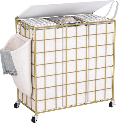 90L Laundry Basket with Wheels, Large Capacity Laundry Hamper with Removable Liner Bags, Heavy Duty Laundry Sorter with Solid Wood Lid & Leather Handles, Beige