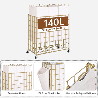 90L Laundry Basket with Wheels, Large Capacity Laundry Hamper with Removable Liner Bags, Heavy Duty Laundry Sorter with Solid Wood Lid & Leather Handles, Beige