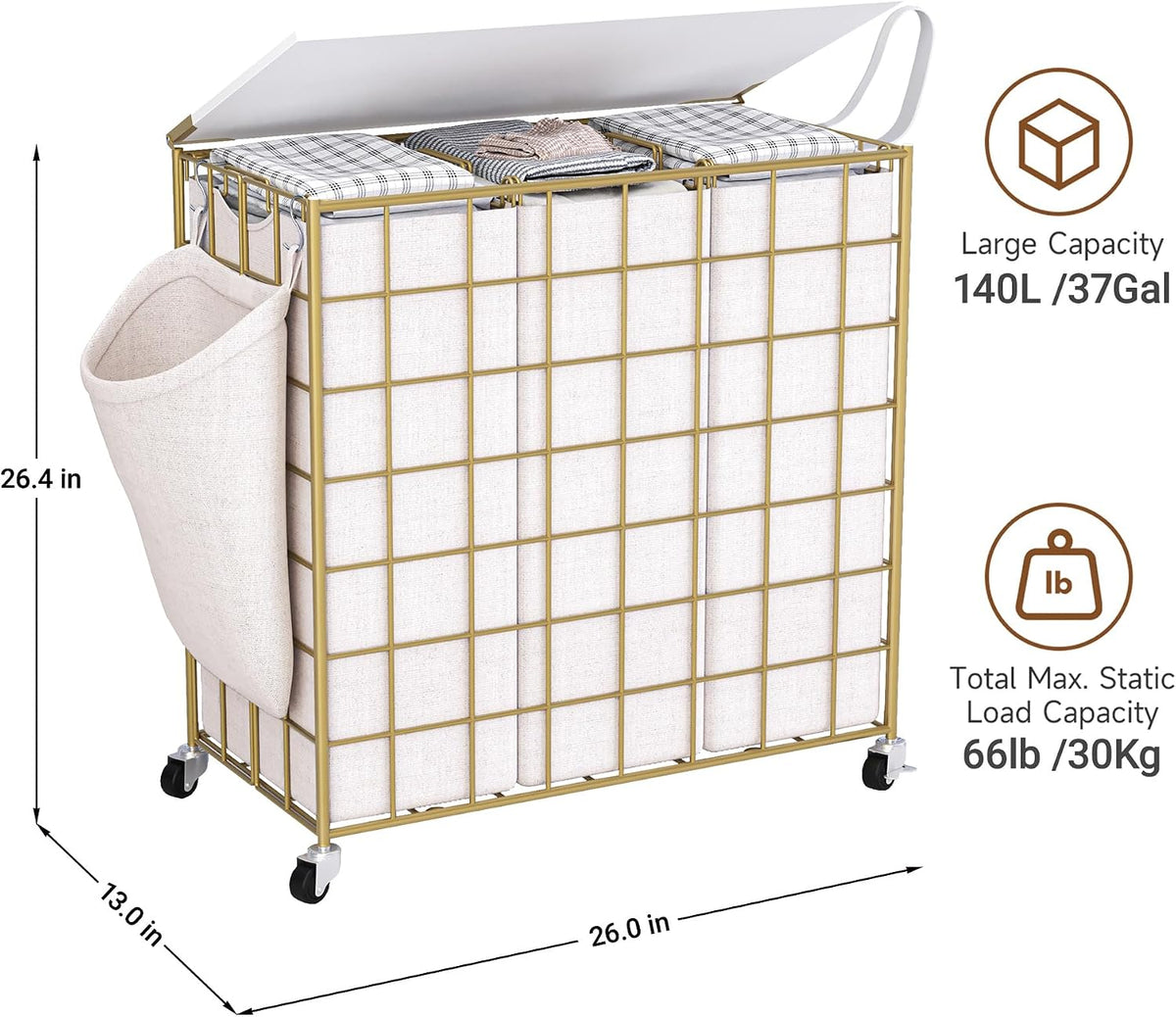 90L Laundry Basket with Wheels, Large Capacity Laundry Hamper with Removable Liner Bags, Heavy Duty Laundry Sorter with Solid Wood Lid & Leather Handles, Beige