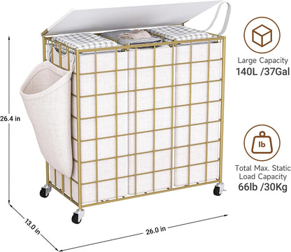 90L Laundry Basket with Wheels, Large Capacity Laundry Hamper with Removable Liner Bags, Heavy Duty Laundry Sorter with Solid Wood Lid & Leather Handles, Beige