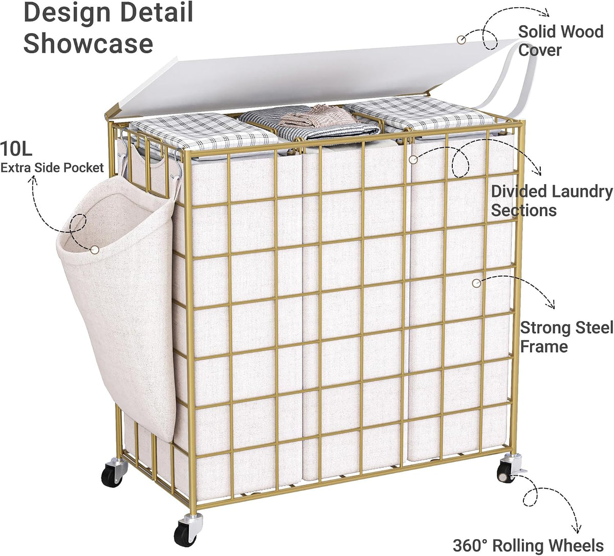 90L Laundry Basket with Wheels, Large Capacity Laundry Hamper with Removable Liner Bags, Heavy Duty Laundry Sorter with Solid Wood Lid & Leather Handles, Beige