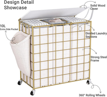 90L Laundry Basket with Wheels, Large Capacity Laundry Hamper with Removable Liner Bags, Heavy Duty Laundry Sorter with Solid Wood Lid & Leather Handles, Beige