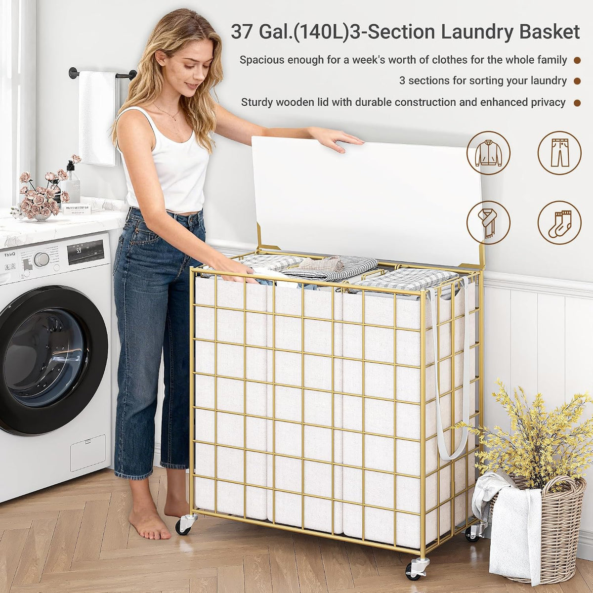 90L Laundry Basket with Wheels, Large Capacity Laundry Hamper with Removable Liner Bags, Heavy Duty Laundry Sorter with Solid Wood Lid & Leather Handles, Beige