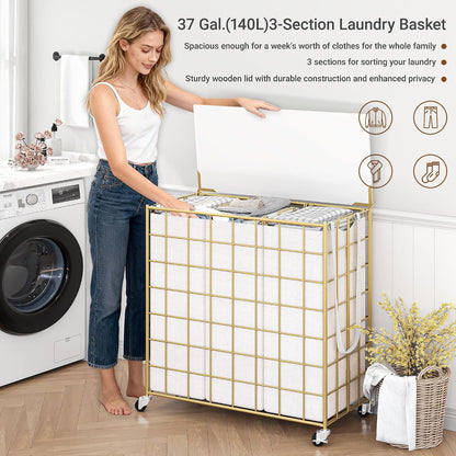 90L Laundry Basket with Wheels, Large Capacity Laundry Hamper with Removable Liner Bags, Heavy Duty Laundry Sorter with Solid Wood Lid & Leather Handles, Beige