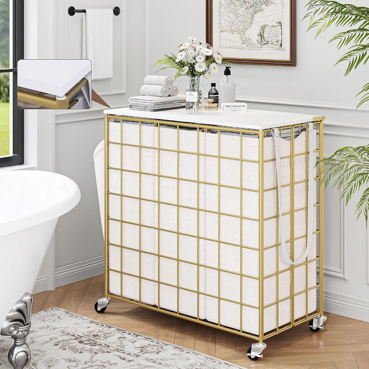 90L Laundry Basket with Wheels, Large Capacity Laundry Hamper with Removable Liner Bags, Heavy Duty Laundry Sorter with Solid Wood Lid & Leather Handles, Beige