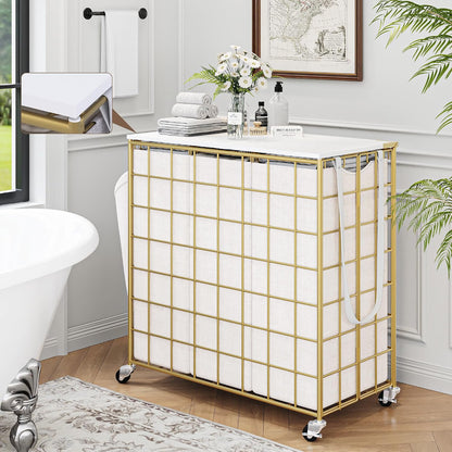 90L Laundry Basket with Wheels, Large Capacity Laundry Hamper with Removable Liner Bags, Heavy Duty Laundry Sorter with Solid Wood Lid & Leather Handles, Beige