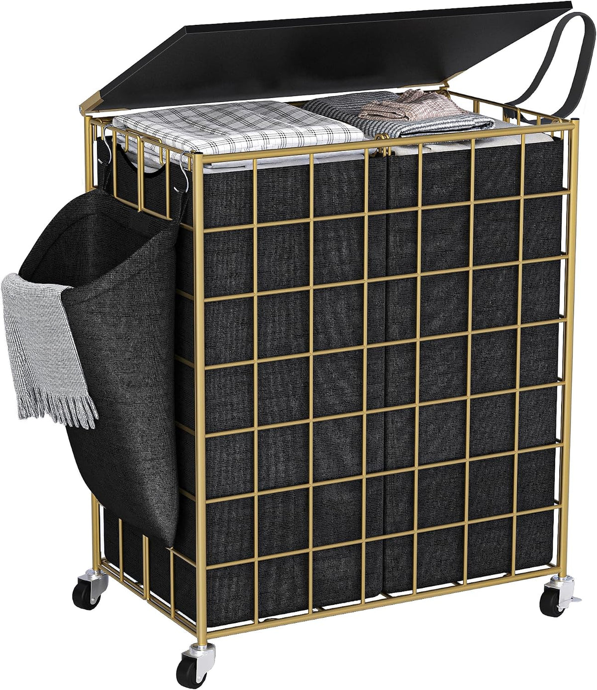 90L Laundry Basket with Wheels, Large Capacity Laundry Hamper with Removable Liner Bags, Heavy Duty Laundry Sorter with Solid Wood Lid & Leather Handles, Beige