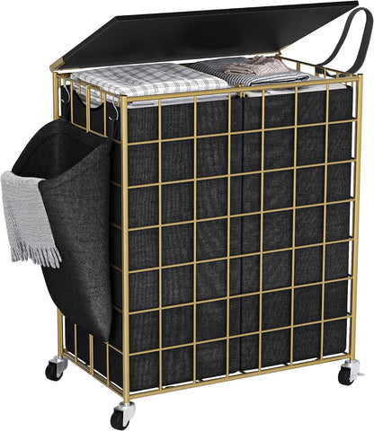 90L Laundry Basket with Wheels, Large Capacity Laundry Hamper with Removable Liner Bags, Heavy Duty Laundry Sorter with Solid Wood Lid & Leather Handles, Beige