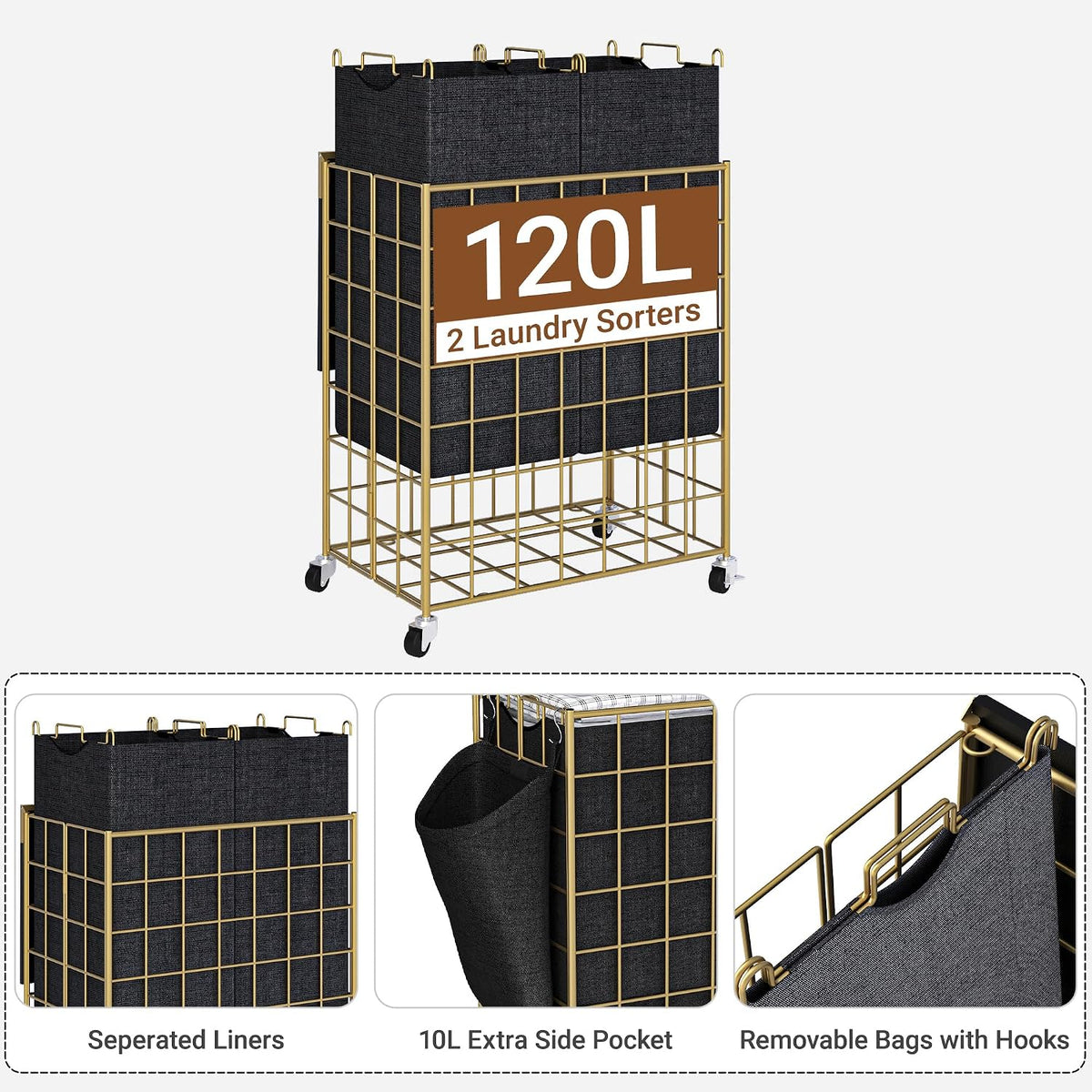 90L Laundry Basket with Wheels, Large Capacity Laundry Hamper with Removable Liner Bags, Heavy Duty Laundry Sorter with Solid Wood Lid & Leather Handles, Beige