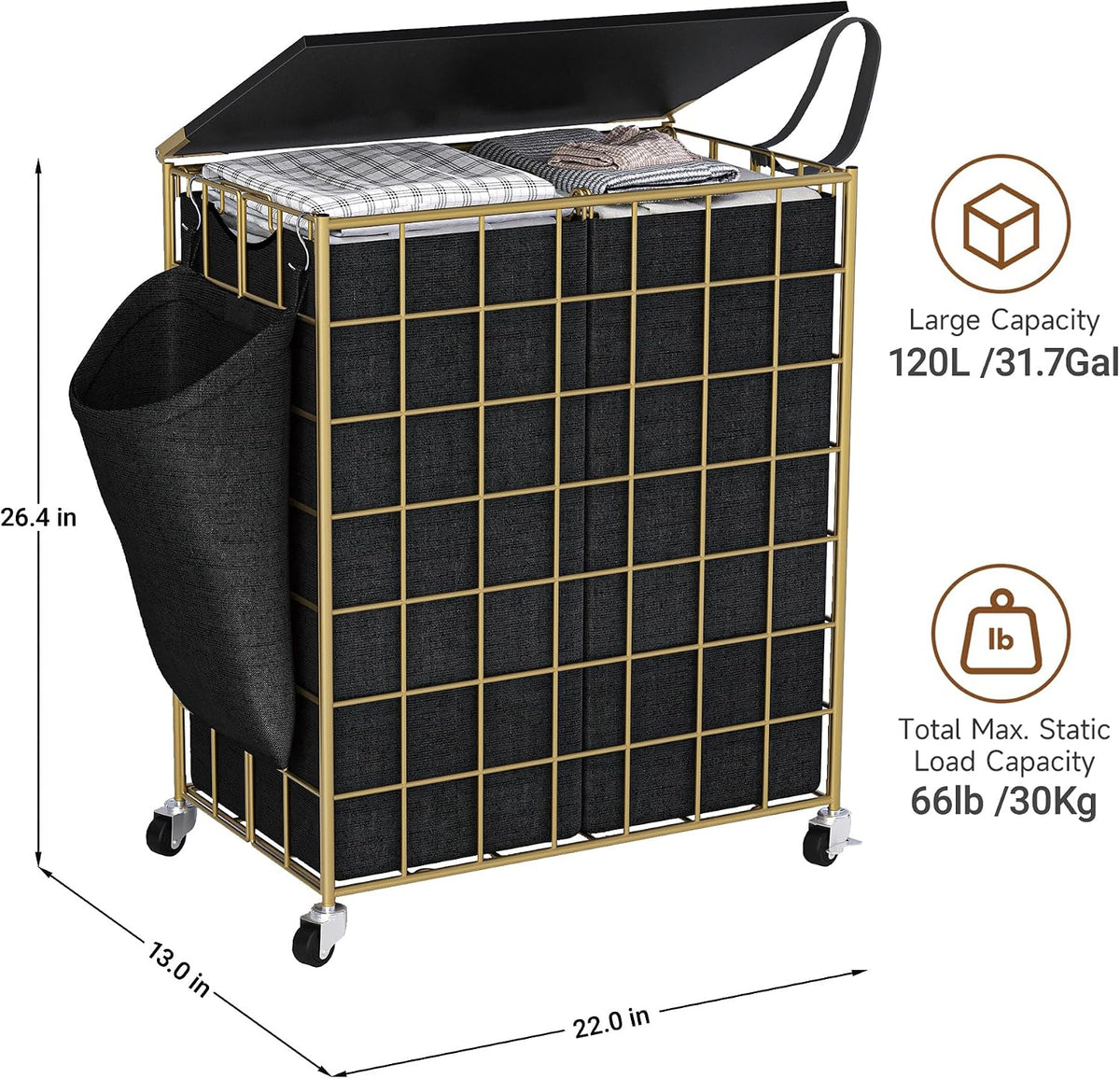 90L Laundry Basket with Wheels, Large Capacity Laundry Hamper with Removable Liner Bags, Heavy Duty Laundry Sorter with Solid Wood Lid & Leather Handles, Beige