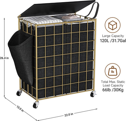 90L Laundry Basket with Wheels, Large Capacity Laundry Hamper with Removable Liner Bags, Heavy Duty Laundry Sorter with Solid Wood Lid & Leather Handles, Beige