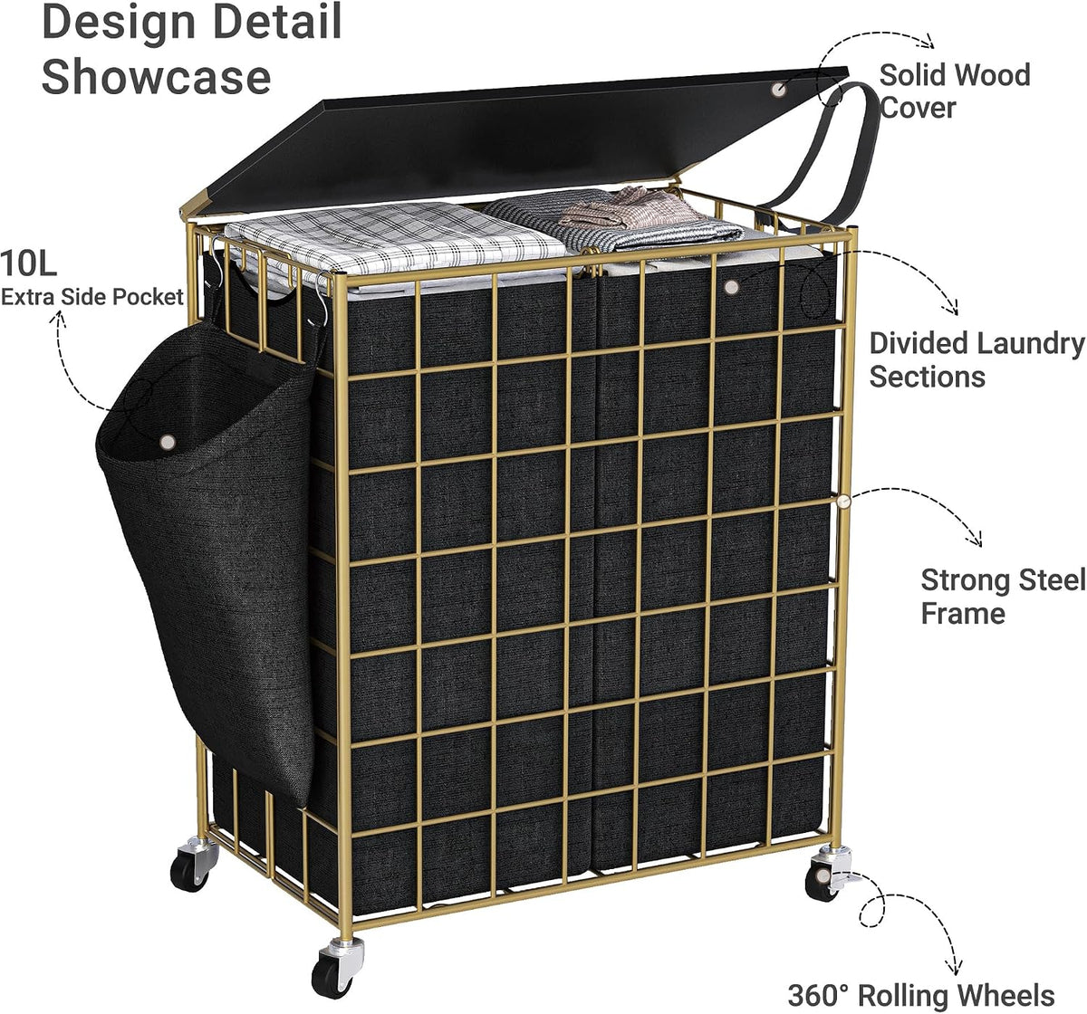 90L Laundry Basket with Wheels, Large Capacity Laundry Hamper with Removable Liner Bags, Heavy Duty Laundry Sorter with Solid Wood Lid & Leather Handles, Beige