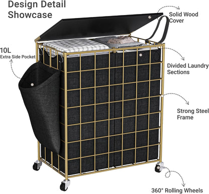 90L Laundry Basket with Wheels, Large Capacity Laundry Hamper with Removable Liner Bags, Heavy Duty Laundry Sorter with Solid Wood Lid & Leather Handles, Beige