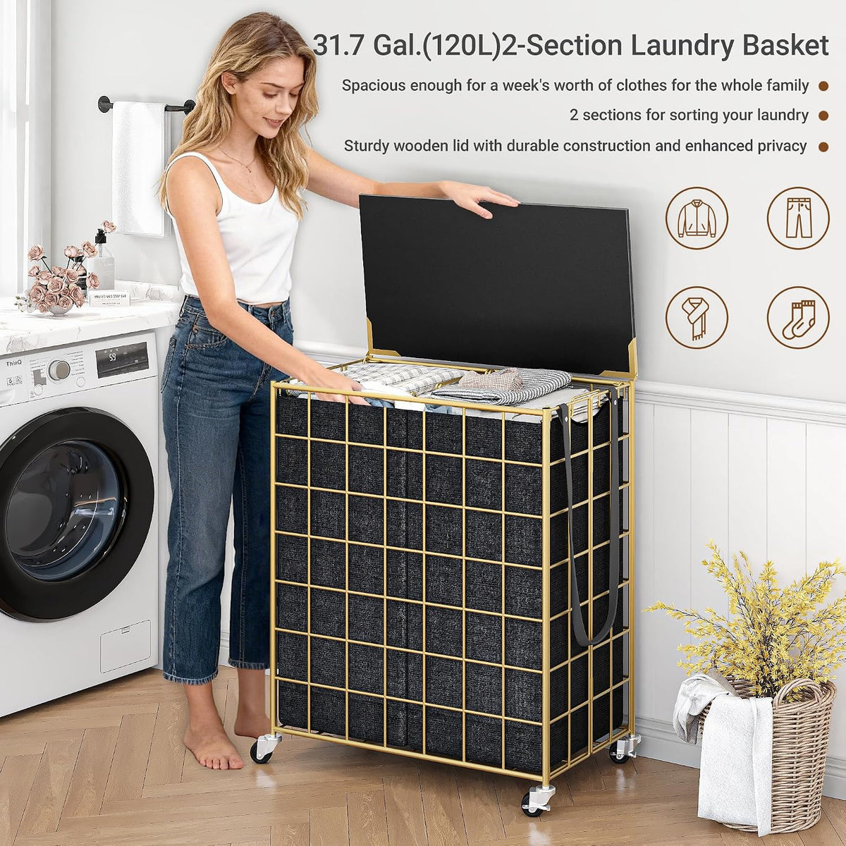 90L Laundry Basket with Wheels, Large Capacity Laundry Hamper with Removable Liner Bags, Heavy Duty Laundry Sorter with Solid Wood Lid & Leather Handles, Beige
