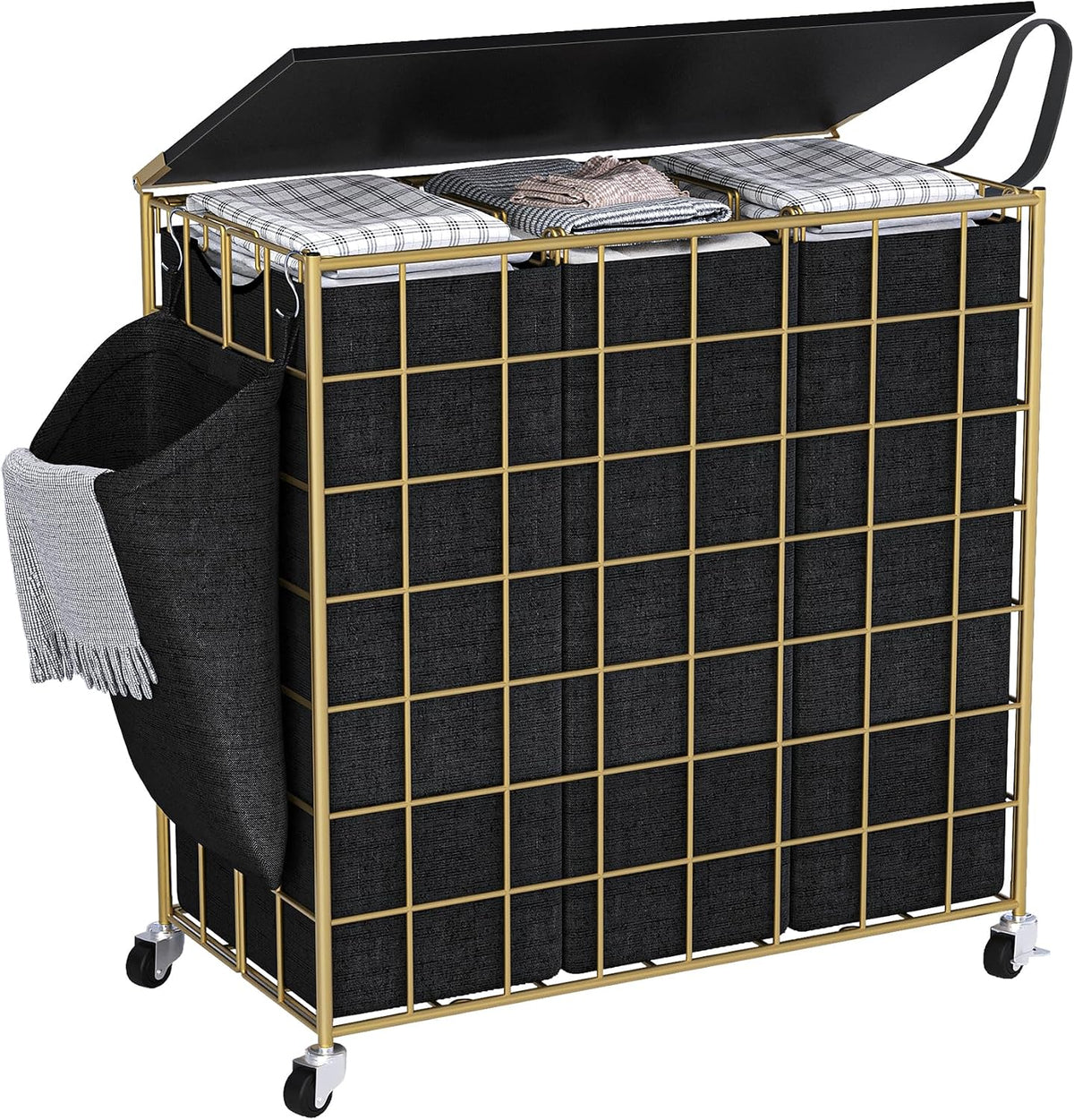 90L Laundry Basket with Wheels, Large Capacity Laundry Hamper with Removable Liner Bags, Heavy Duty Laundry Sorter with Solid Wood Lid & Leather Handles, Beige