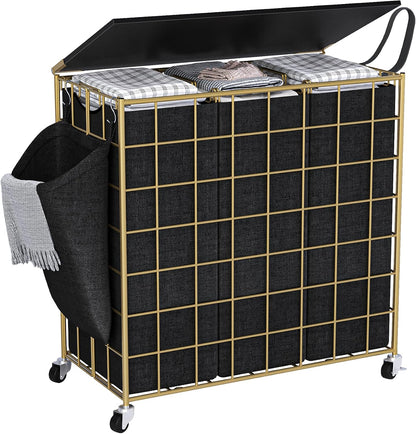 90L Laundry Basket with Wheels, Large Capacity Laundry Hamper with Removable Liner Bags, Heavy Duty Laundry Sorter with Solid Wood Lid & Leather Handles, Beige