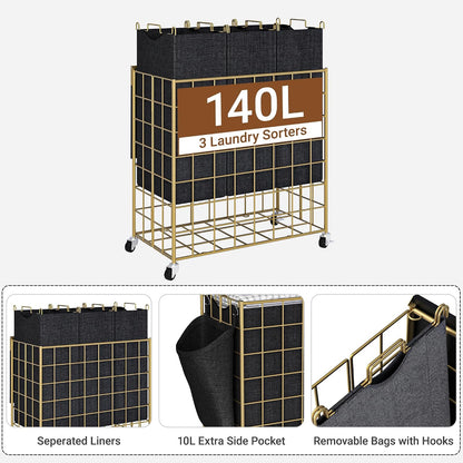 90L Laundry Basket with Wheels, Large Capacity Laundry Hamper with Removable Liner Bags, Heavy Duty Laundry Sorter with Solid Wood Lid & Leather Handles, Beige