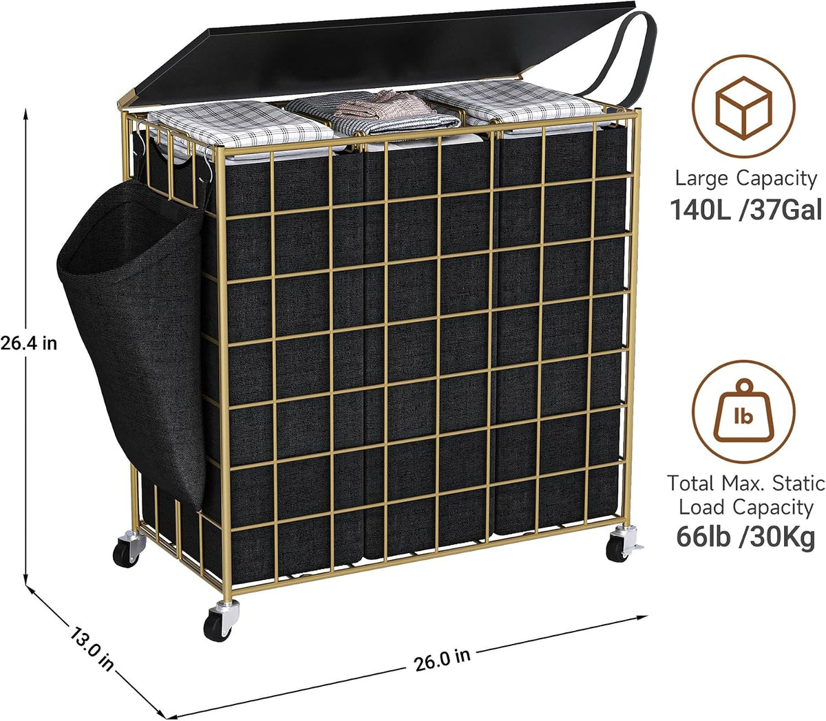 90L Laundry Basket with Wheels, Large Capacity Laundry Hamper with Removable Liner Bags, Heavy Duty Laundry Sorter with Solid Wood Lid & Leather Handles, Beige