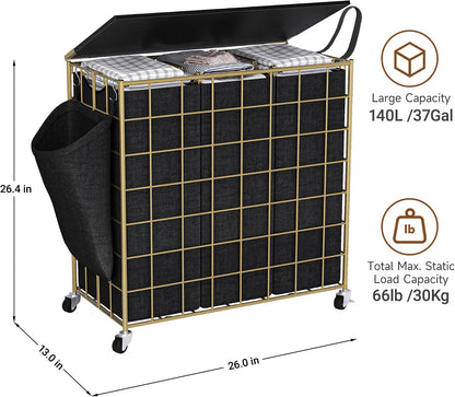 90L Laundry Basket with Wheels, Large Capacity Laundry Hamper with Removable Liner Bags, Heavy Duty Laundry Sorter with Solid Wood Lid & Leather Handles, Beige