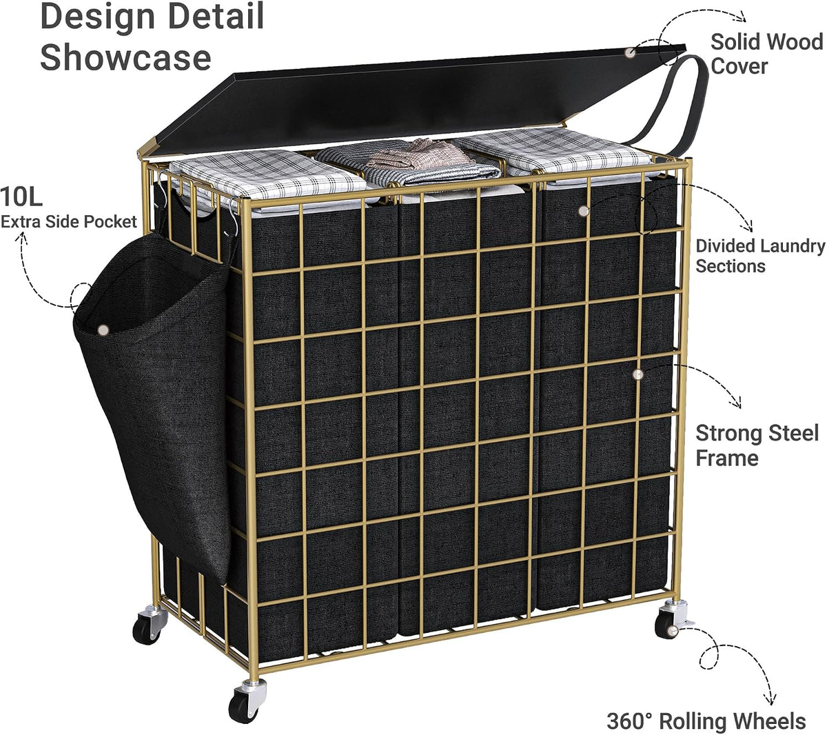 90L Laundry Basket with Wheels, Large Capacity Laundry Hamper with Removable Liner Bags, Heavy Duty Laundry Sorter with Solid Wood Lid & Leather Handles, Beige