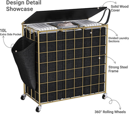90L Laundry Basket with Wheels, Large Capacity Laundry Hamper with Removable Liner Bags, Heavy Duty Laundry Sorter with Solid Wood Lid & Leather Handles, Beige