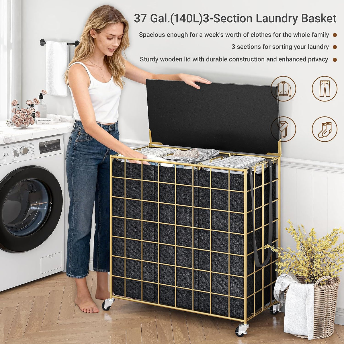 90L Laundry Basket with Wheels, Large Capacity Laundry Hamper with Removable Liner Bags, Heavy Duty Laundry Sorter with Solid Wood Lid & Leather Handles, Beige