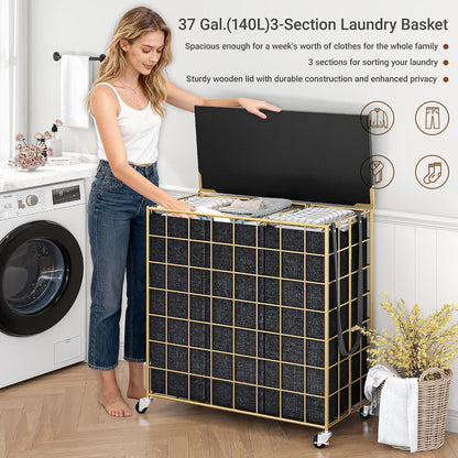 90L Laundry Basket with Wheels, Large Capacity Laundry Hamper with Removable Liner Bags, Heavy Duty Laundry Sorter with Solid Wood Lid & Leather Handles, Beige