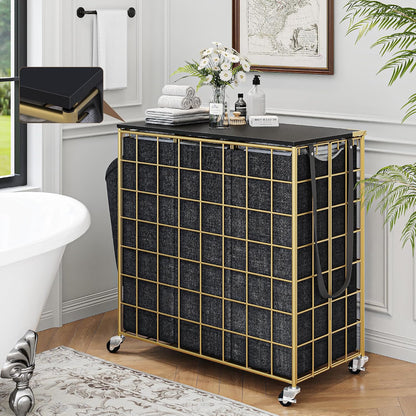 90L Laundry Basket with Wheels, Large Capacity Laundry Hamper with Removable Liner Bags, Heavy Duty Laundry Sorter with Solid Wood Lid & Leather Handles, Beige