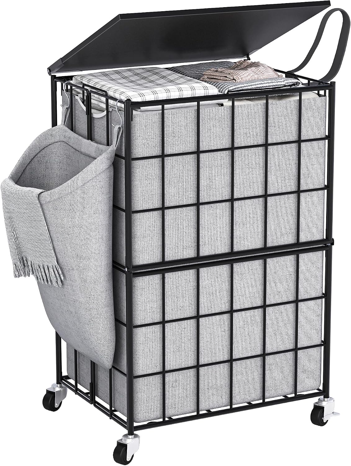 90L Laundry Basket with Wheels, Large Capacity Laundry Hamper with Removable Liner Bags, Heavy Duty Laundry Sorter with Solid Wood Lid & Leather Handles, Beige