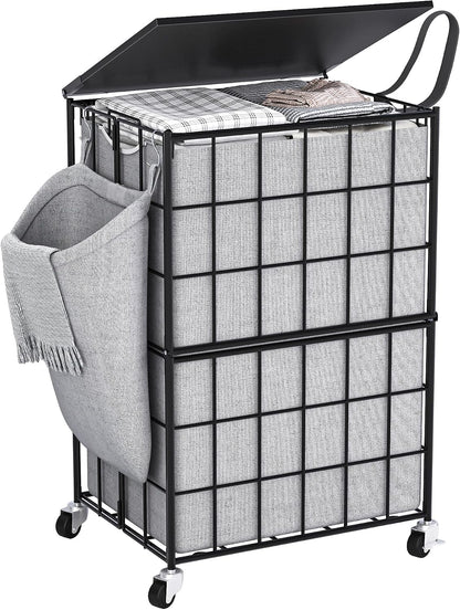 90L Laundry Basket with Wheels, Large Capacity Laundry Hamper with Removable Liner Bags, Heavy Duty Laundry Sorter with Solid Wood Lid & Leather Handles, Beige
