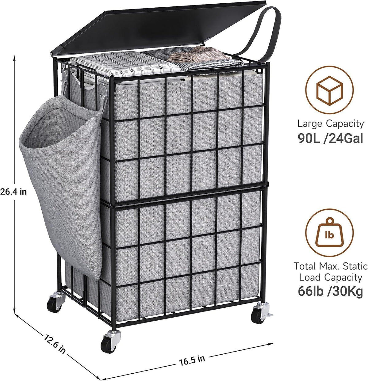 90L Laundry Basket with Wheels, Large Capacity Laundry Hamper with Removable Liner Bags, Heavy Duty Laundry Sorter with Solid Wood Lid & Leather Handles, Beige