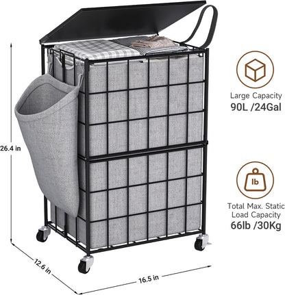 90L Laundry Basket with Wheels, Large Capacity Laundry Hamper with Removable Liner Bags, Heavy Duty Laundry Sorter with Solid Wood Lid & Leather Handles, Beige