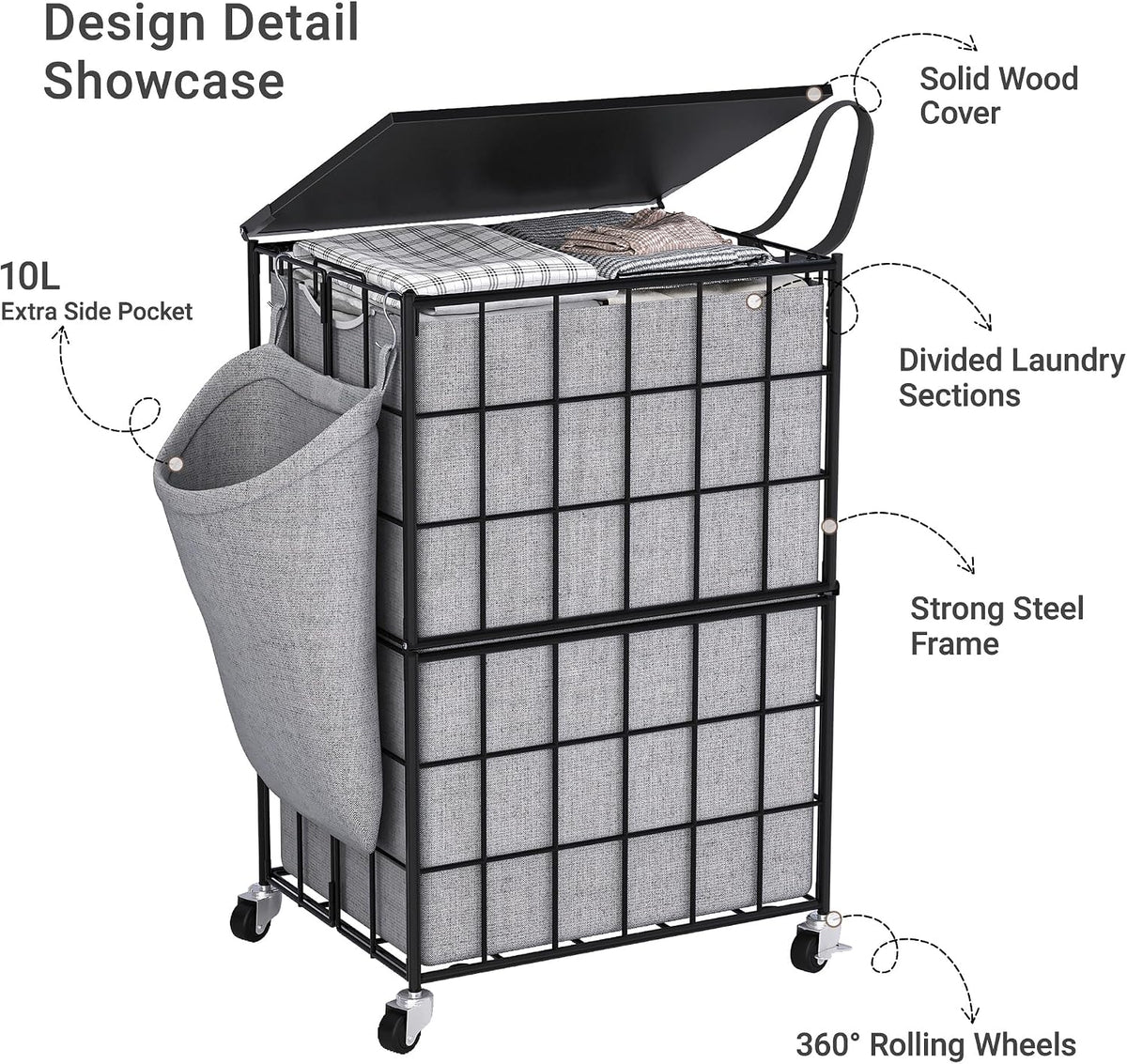 90L Laundry Basket with Wheels, Large Capacity Laundry Hamper with Removable Liner Bags, Heavy Duty Laundry Sorter with Solid Wood Lid & Leather Handles, Beige